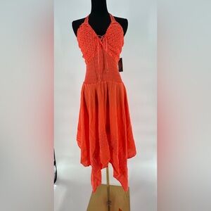 Cotton Collection Crochet Halter Smocked Sundress | Orange Handkerchief Hem Boho